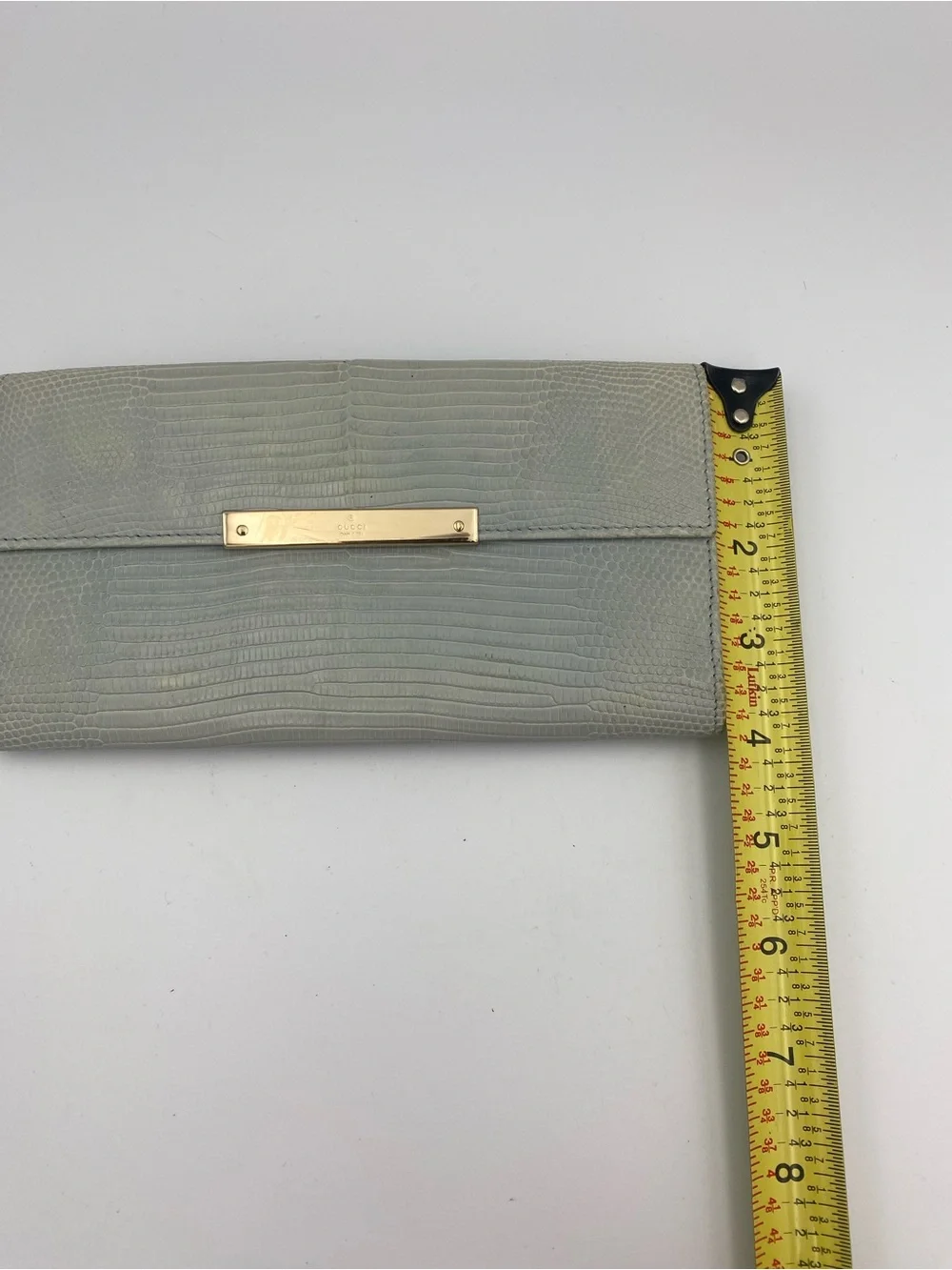 Gucci Pale Gray Lizard-Embossed Leather Wallet with Gold Bar vintage